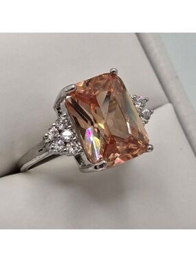 Peach Crystal Statement Ring Silver Tone Large Gemstone Cocktail Ring Size 7.75